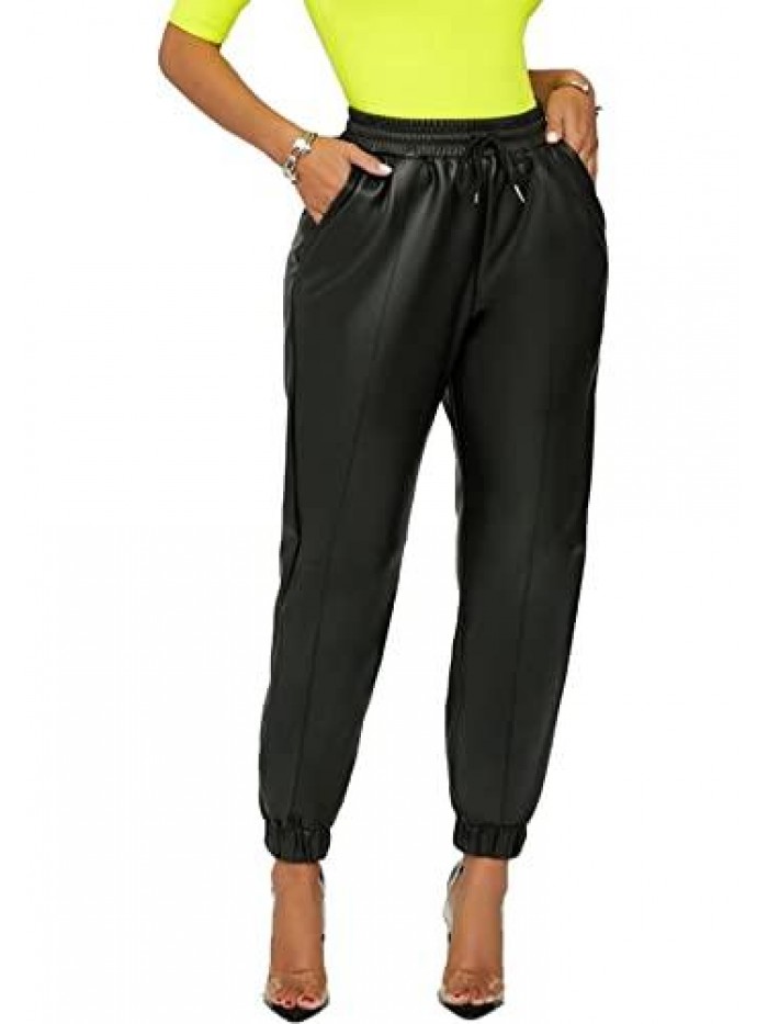 Women's Faux Leather High Waist Joggers Pants with Pockets PU Elastic Waisted Casual Trousers 