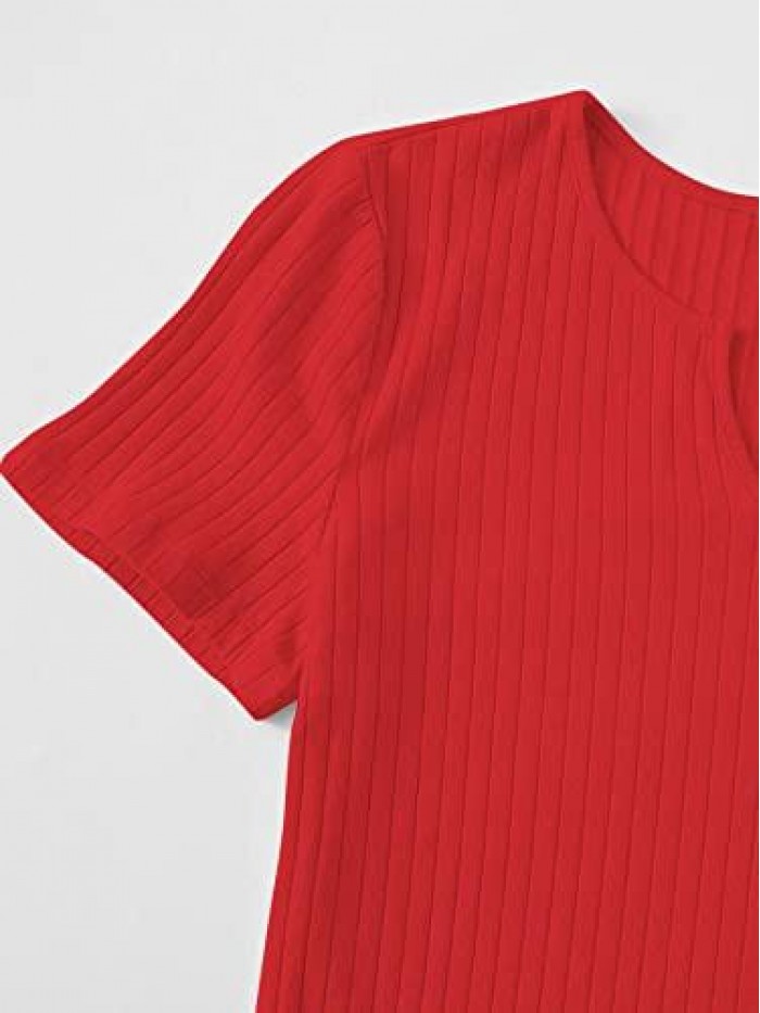Women Notched V Neck Short Sleeves Ribbed Knit Solid Work Bodysuits Tops 