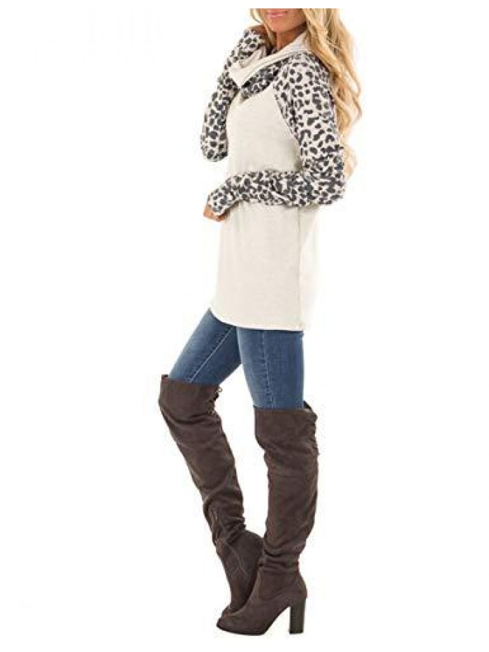 Women's Casual Sweatshirts Long Sleeve Leopard Print Tops Cowl Neck Raglan Shirts 