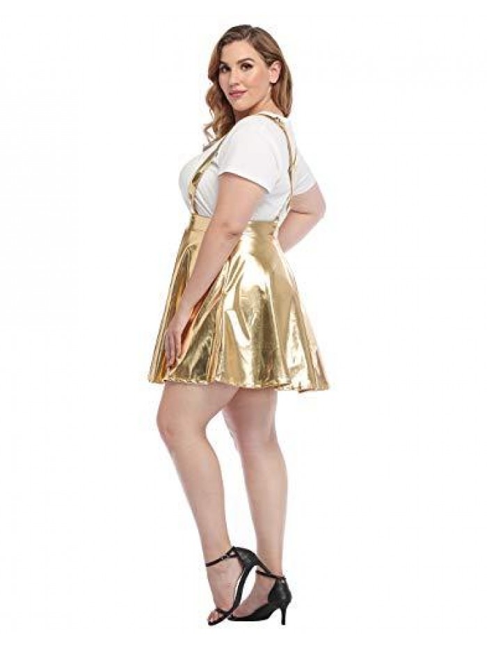 Plus Size Shiny Metallic Suspender Skirt High Waisted Holographic Rave Skirt 
