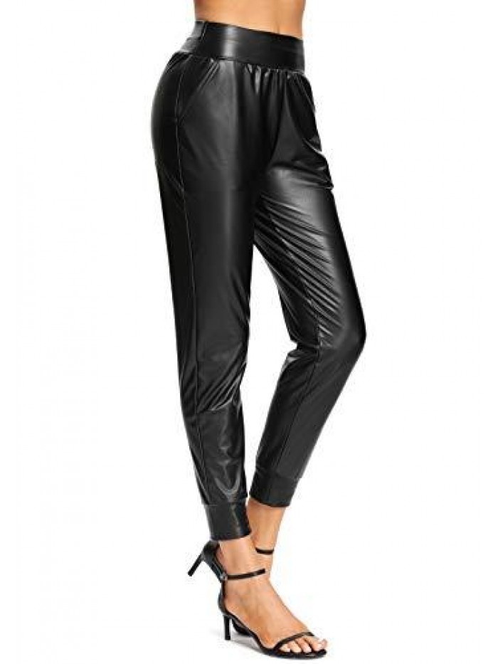 Womens Faux Leather Pants Elastic Waisted Casual Trousers 