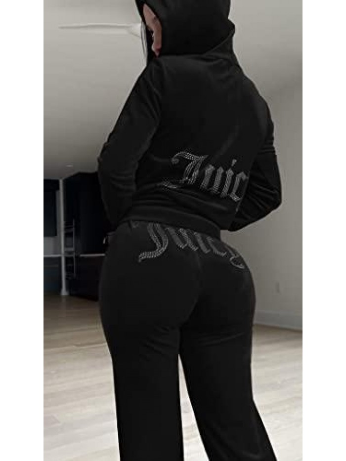 Velour Sweatsuits Outfits Long Sleeve Jackets Flared Pants Y2k Tracksuit 2 Piece Joggers Sets 