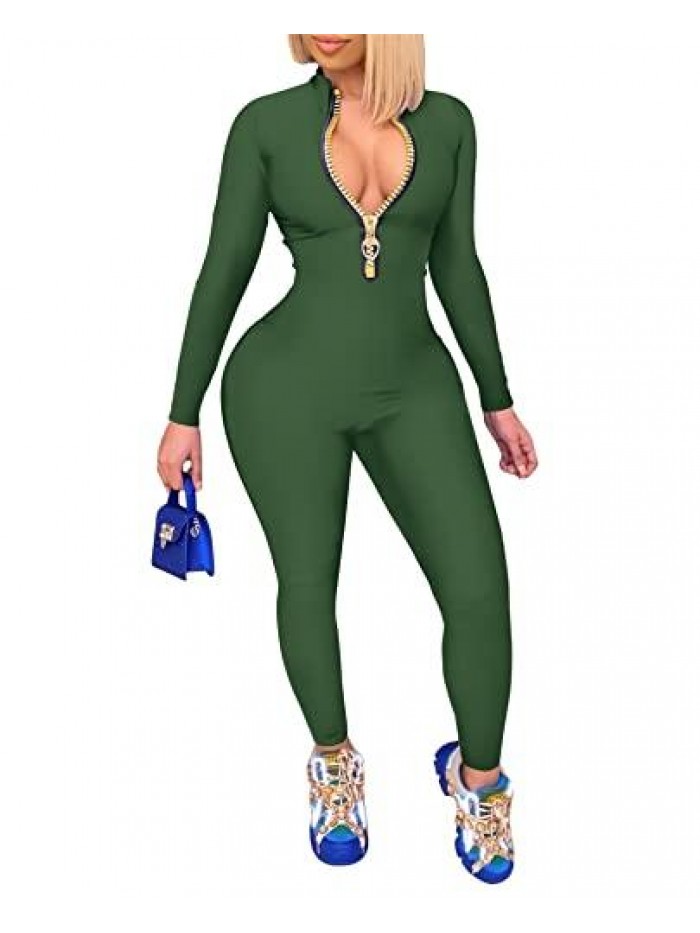 Hafailia Jumpsuits for Women Sexy Bodycon Long Sleeve V Neck Rich Hold Zipper One Piece Outfits