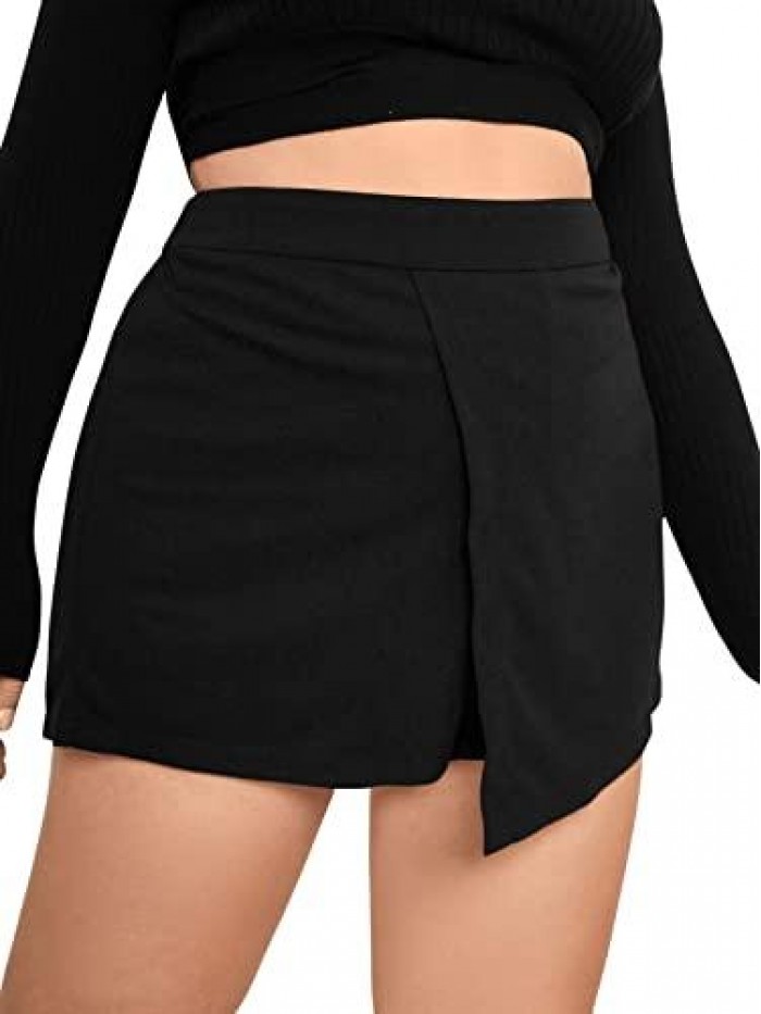 Women's Plus Size Solid High Waist Asymmetrical Hem Skorts Shorts 