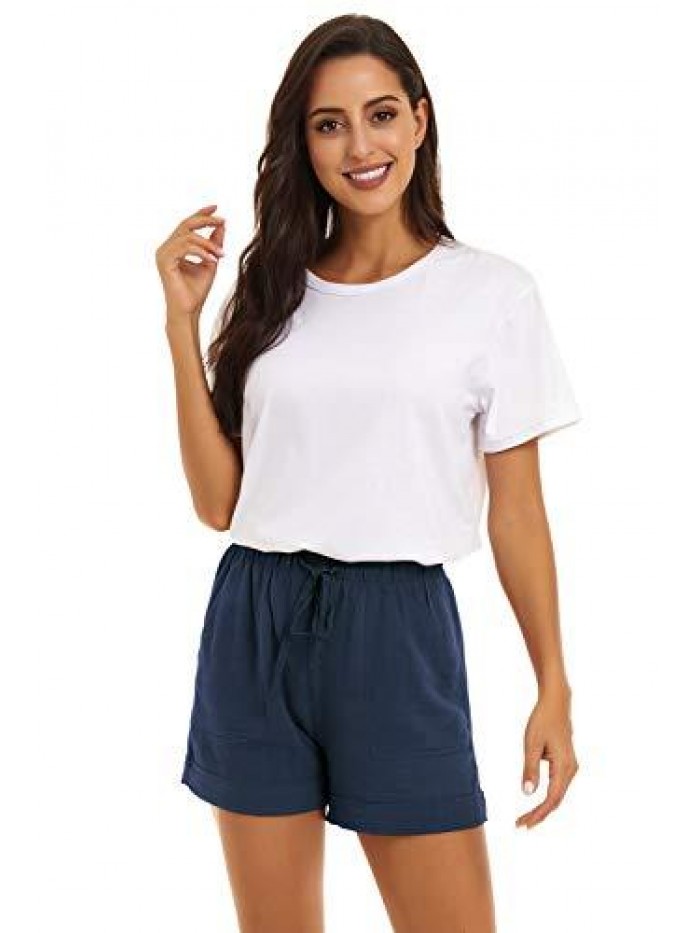 Comfy Drawstring Casual Elastic Waist Shorts for Women Summer Beach Cotton Pull On Short with Pockets 