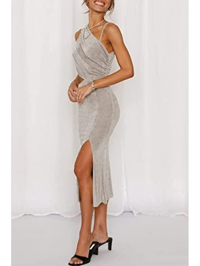 Women's Sexy One Shoulder Sleeveless Cut Out Split Solid Color Bodycon Party Cocktail Midi Dress 
