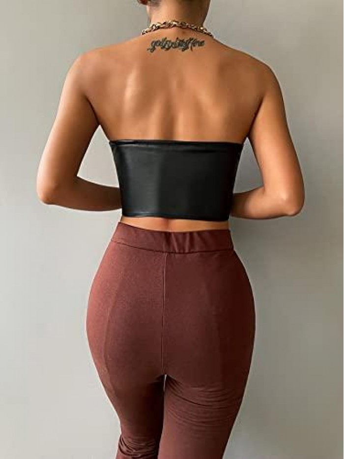 Women's Faux Leather Strapless Crop Tube Tops PU Leather Bandeau Vest 