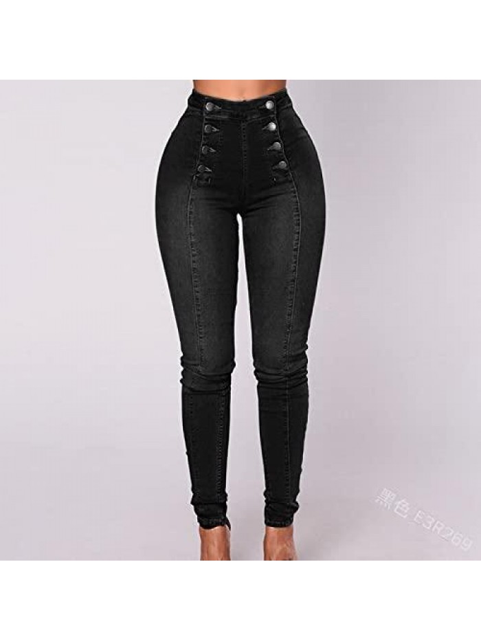 Women's High Waist Double Breasted Wide Waist Jeans,Casual High Waisted Jeans Skinny Denim Stretch Slim Pants 