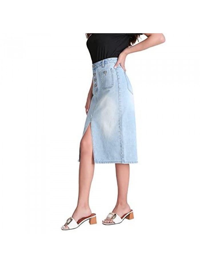 Front Split Midi Knee Length Button Stretchy Denim Pencil Skirt 