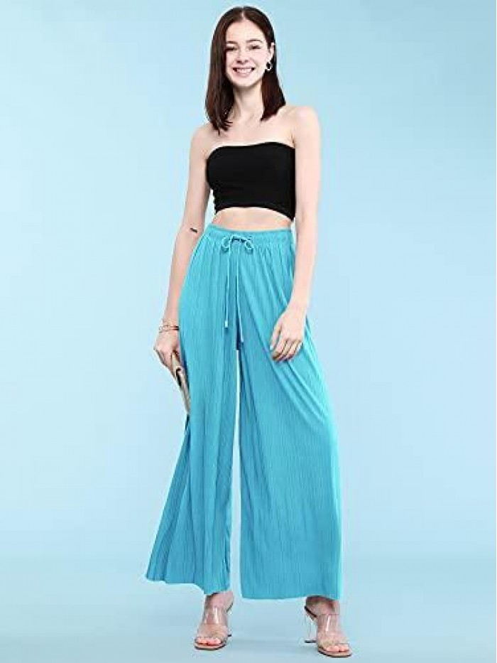 and Love Women's Ankle/Maxi Pleated Wide Leg Palazzo Pants with Drawstring/Elastic Band 