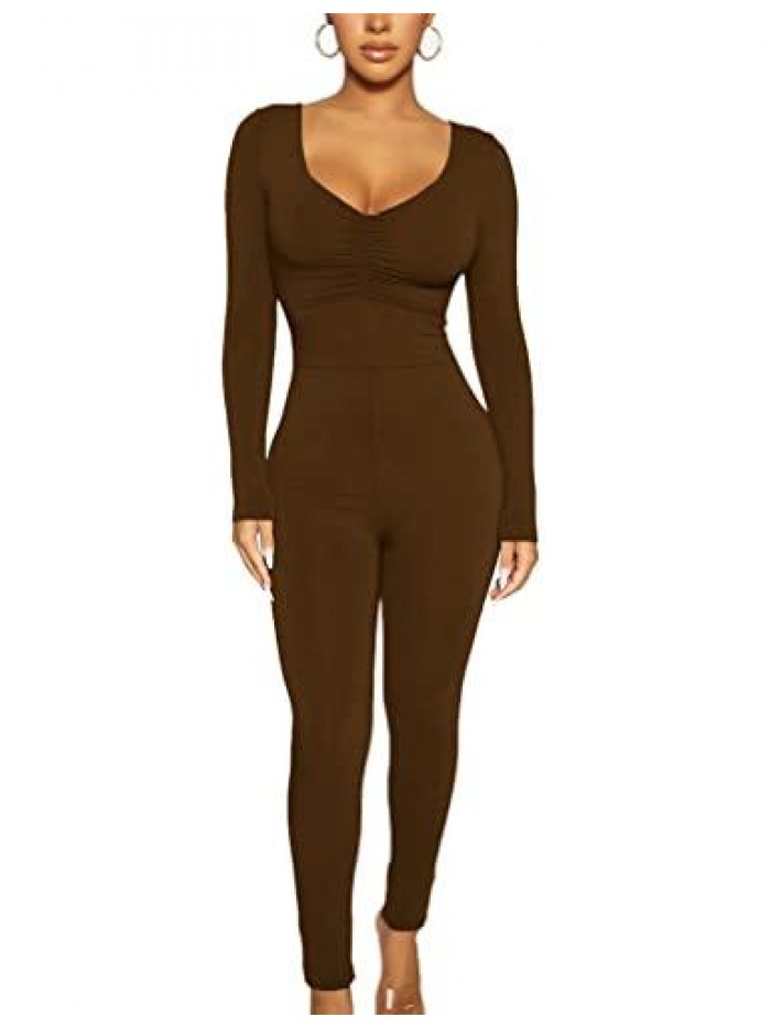 Women's Sexy Long Sleeve Bodycon One Piece Jumpsuits Club Outfits V Neck Ruched Rompers 