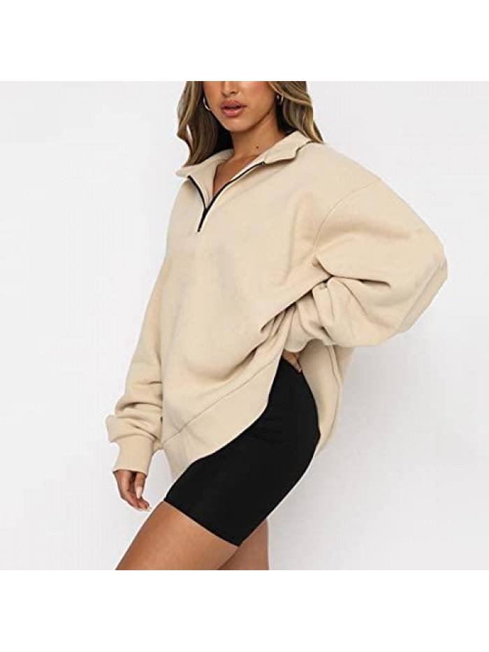 Womens Half Zip Sweatshirt Oversized Long Sleeve Collar Drop Shoulder Solid 1/4 Zipper Pullover Jacket 