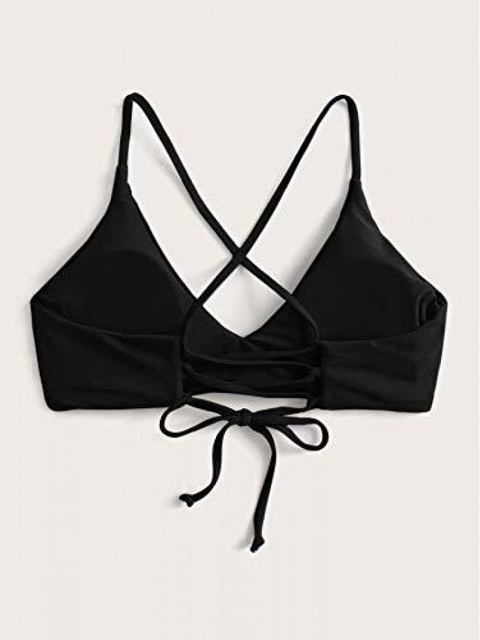 Women's Ruched Crisscross Tie Back Bikini Top Plain Spaghetti Strap Swim Tops 