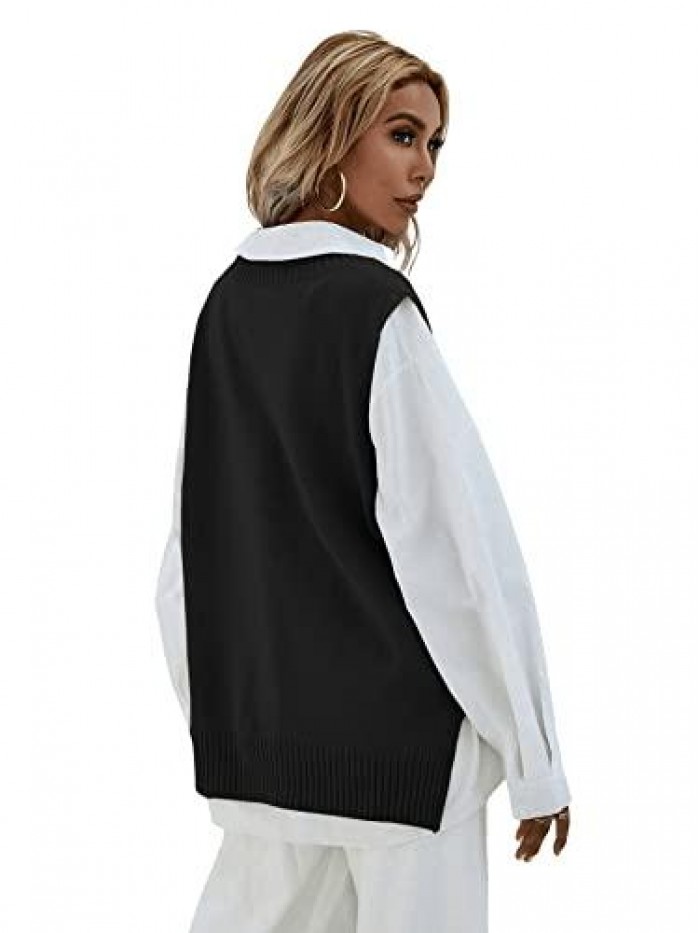 Women's Sleeveless V Neck Ribbed Knit Split Pullover Sweater Vest 