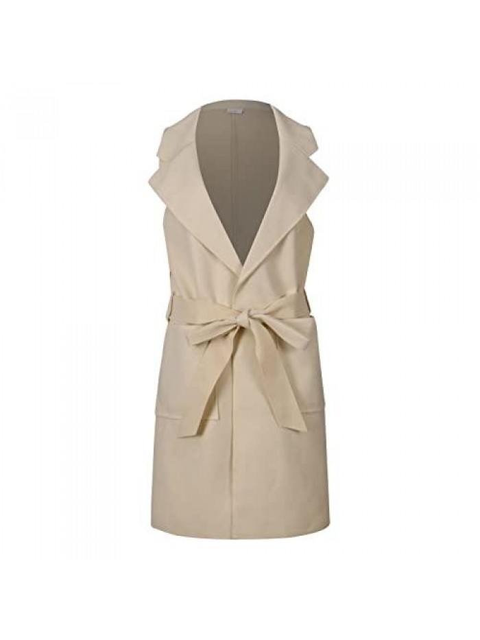 Women's Long Lapel Vest Dress A Line Wool Blends Sleeveless Waistcoat Solid Color Belt Tunic Flannel Gilet with Pocket 