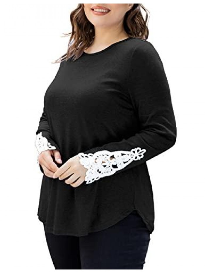 Womens Plus Size Tops Lace Long Sleeve Casual Tunic Shirts Round Neck Blouses M-3X 