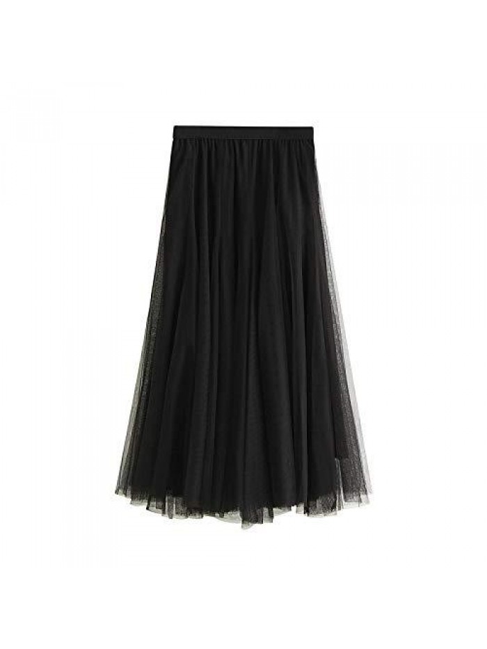 Mesh Long Skirt Solid Color Pleated Chiffon High Waistlayered Lace Long Tulle Skirts for Womens 