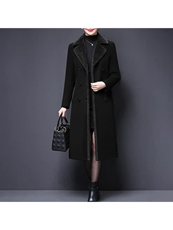 Women's Double-Breasted Notched Lapel Midi Wool Blend Pea Coat Jackets 
