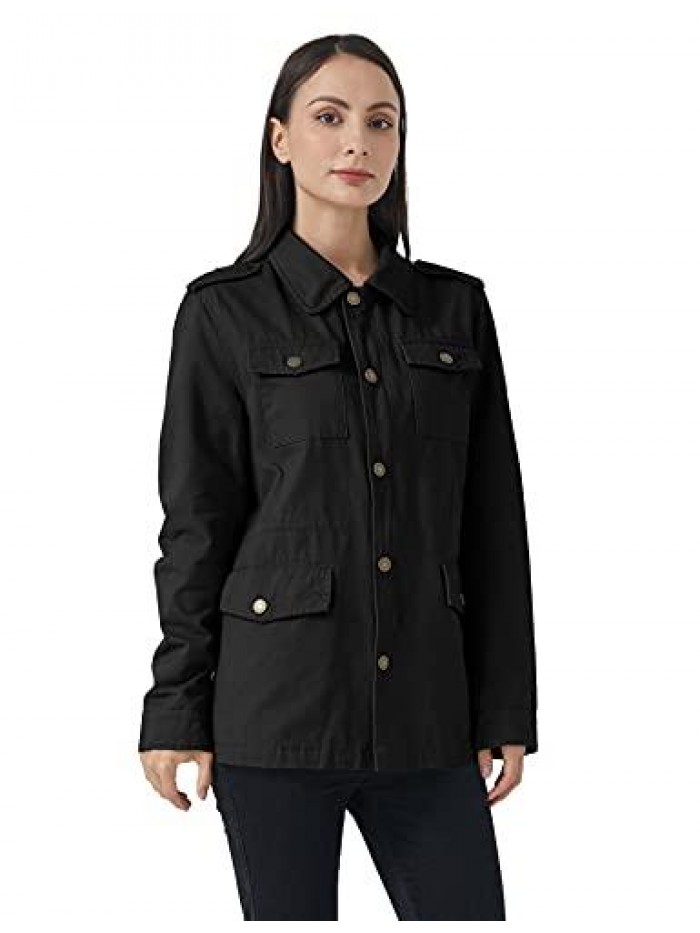 Women's Lapel Light Canvas Twill Cotton Military Jacket with Drawstring 