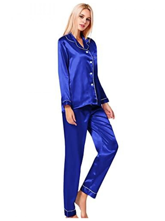 Womens Silk Satin Pajamas Loungewear Two-piece Sleepwear Button-Down Pj Set 