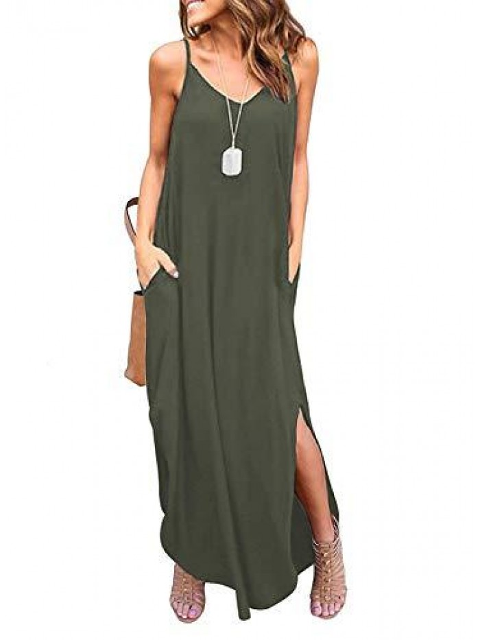 Women's Summer Casual Sleeveless V Neck Strappy Split Loose Dress Beach Cover Up Long Cami Maxi Dresses with Pocket 