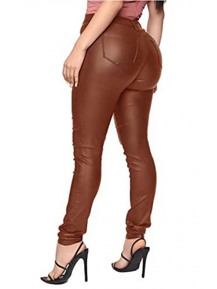 Womens High Waisted Stretch Faux Leather Pants PU Coated Legging Juniors 