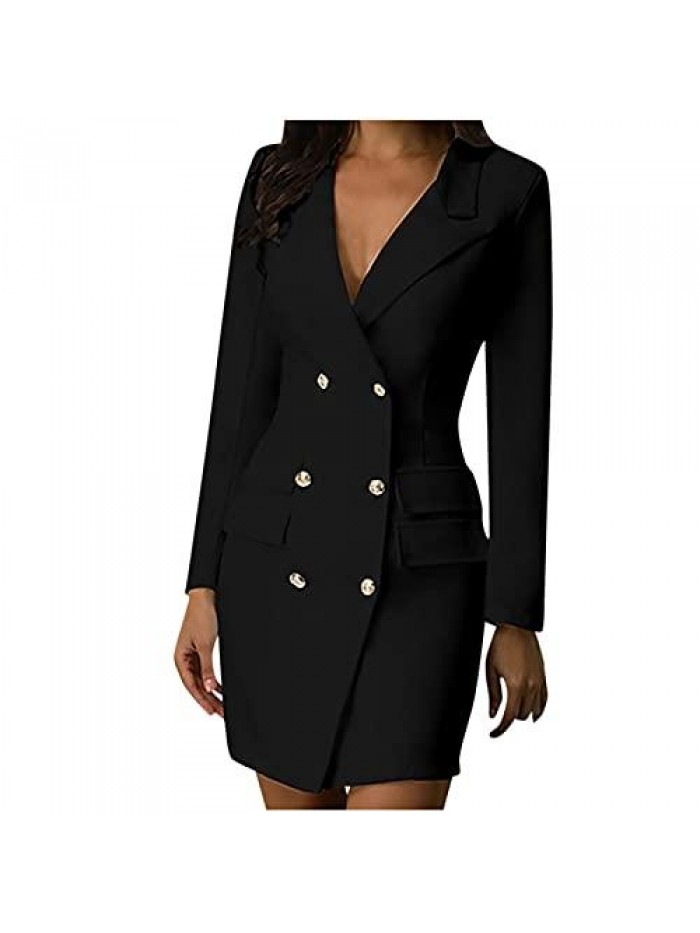 Blazer Dress for Women Bag Hip Solid Elegant Slim Fit Overcoats Long Sleeve Turndown Collar Double Breasted Outfits 