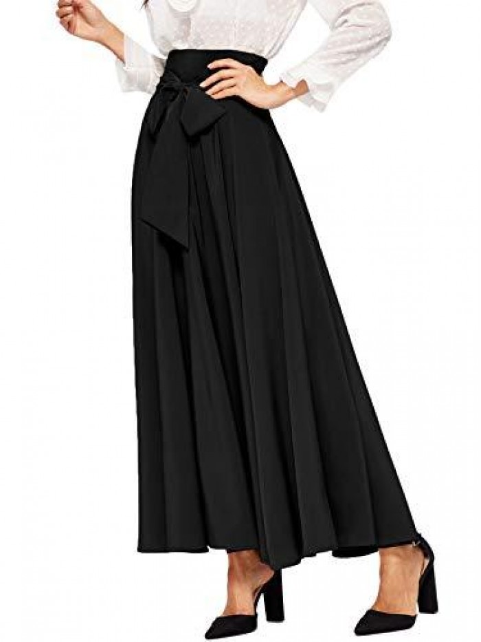 Women's Elegant High Waist Skirt Tie Front Pleated Maxi Skirts 