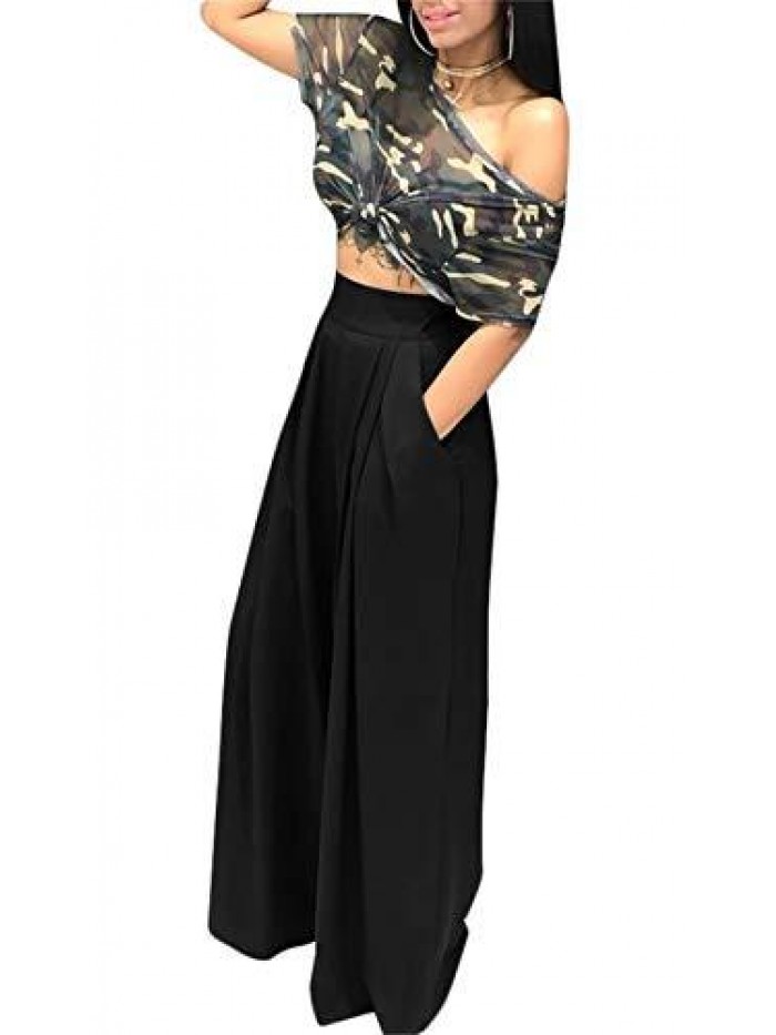 Women's Stretchy Solid Color High Waisted Wide Leg Palazzo Pants with Pockets 