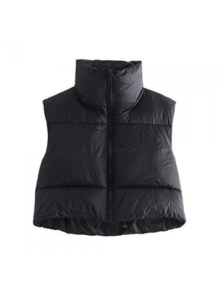 Winter Crop Vest Zip Up Stand Collar Sleeveless Cropped Puffer Vest Lightweight Padded Gilet Warm Outerwear 