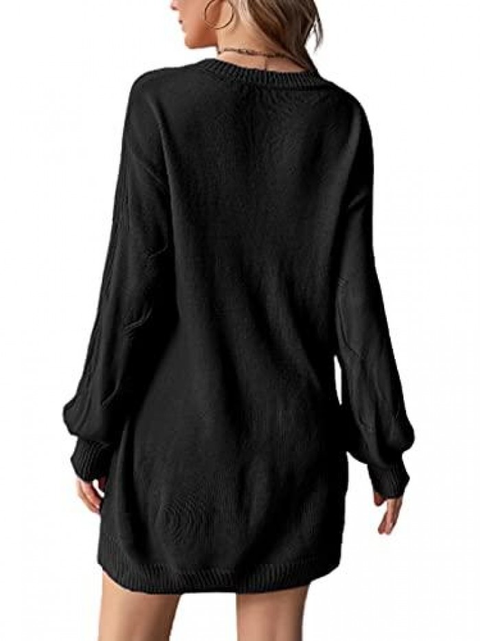 Womens Sweater Dress V Neck Cable Knitted Mini Dress Casual Loose Pullover Sweater 