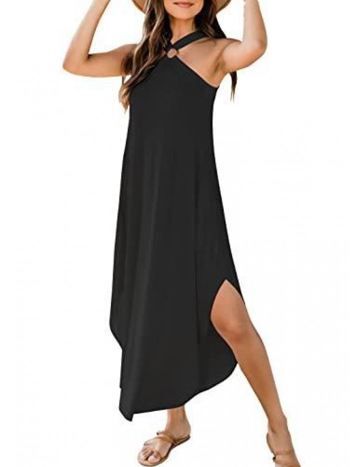 Women's Summer Casual Criss Cross Sundress Sleeveless Split Maxi Long Beach Dress with Pockets 