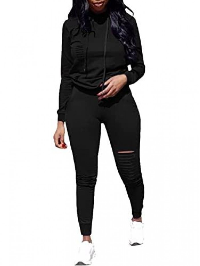 Piece Outfits for Women Casual Long Sleeve Hoodie Sweatshirt Ripped Hole Long Pants Set Pullover Jogger Sets Sweatsuits 