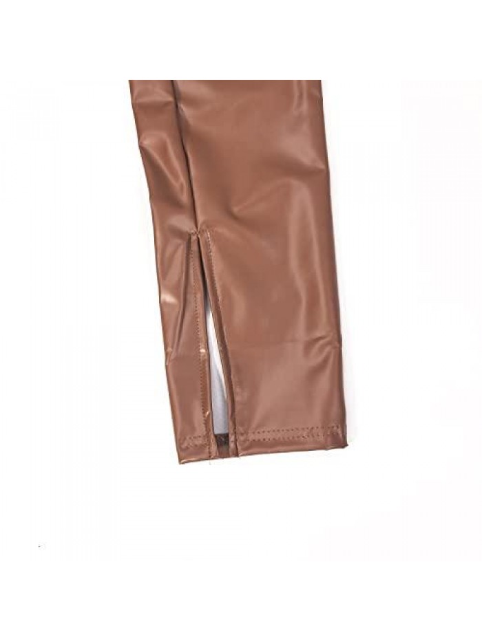 Faux Leather Pants High Waisted Stretch Skinny Sexy Leggings Flared Hem Split PU Leather Pants Club Outfits 