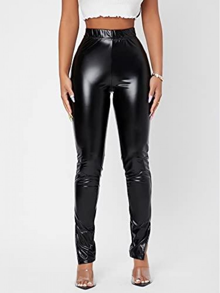 Women's Faux Leather Leggings Pants High Waisted Leather Stacked Pants 