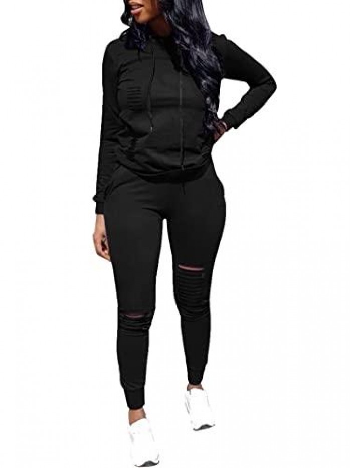 Piece Outfits for Women Casual Long Sleeve Hoodie Sweatshirt Ripped Hole Long Pants Set Pullover Jogger Sets Sweatsuits 