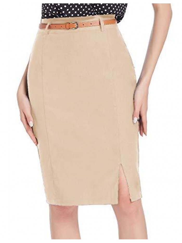 Kasin Women's Bodycon Pencil Skirt with Belt Solid Color Hip-Wrapped 