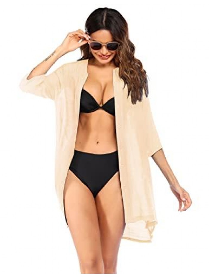 Women's Cover Up Shirt V-Neck Swimsuit Beach Bikini Beachwear Button Down Bathing Suit S-3XL 