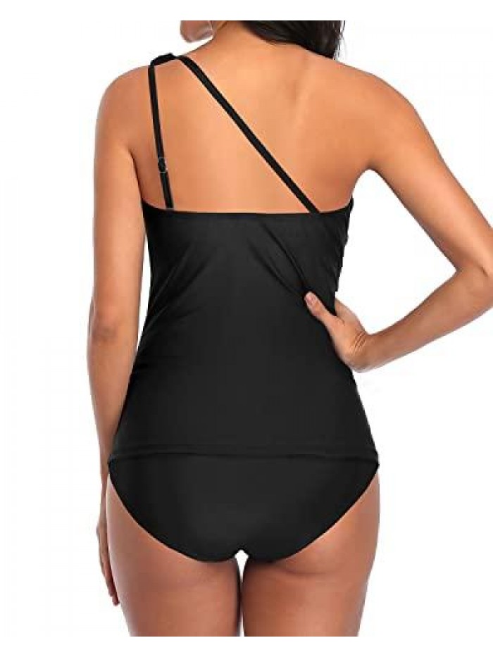 Tempt Me Two Piece Swimsuits for Women One Shoulder Tankini with Shorts Tummy Control Ruched Bathing Suit