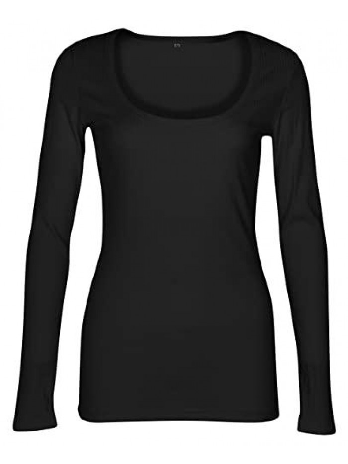 Women Long Sleeve Scoop Neck Ribbed Fitted Knit Shirt Basic T-Shirts 