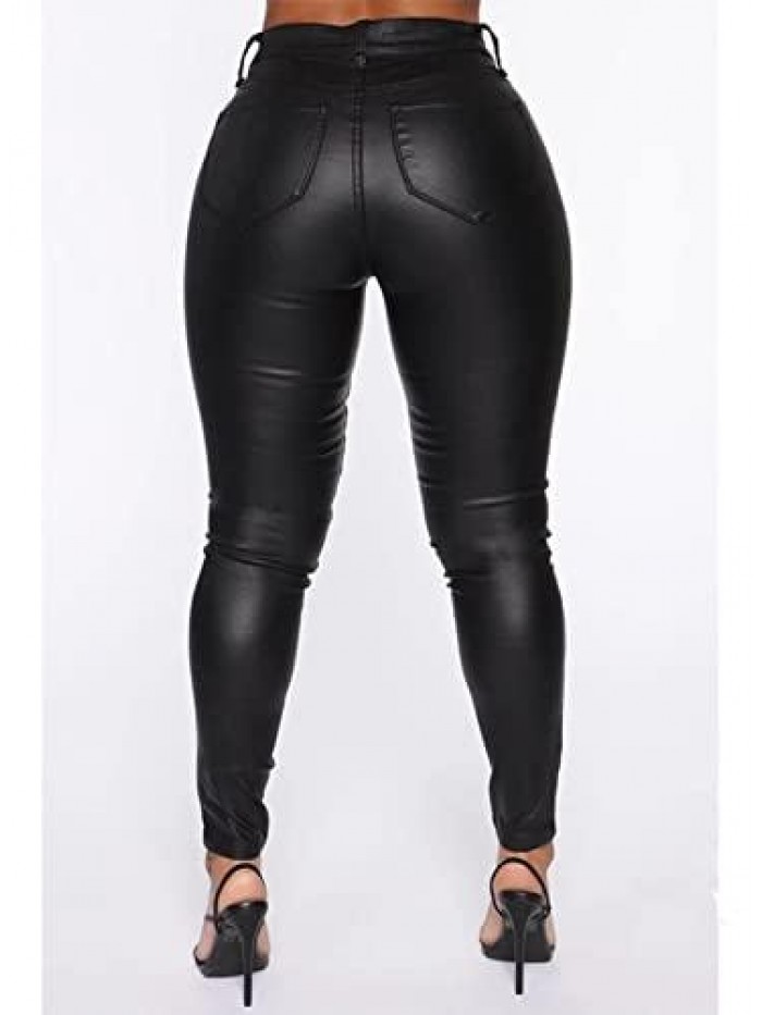 Women Faux Leather Pants Leggings High Waisted Zip Up Stretch Trousers Plus Size 