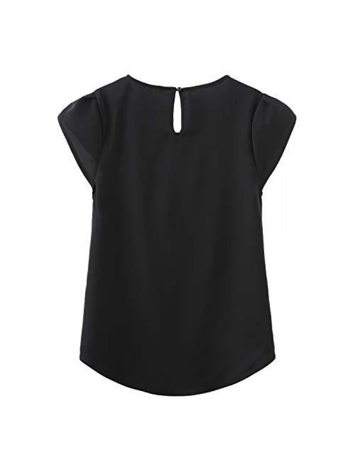 Women's Casual Round Neck Basic Pleated Top Cap Sleeve Curved Keyhole Back Chiffon Blouse 