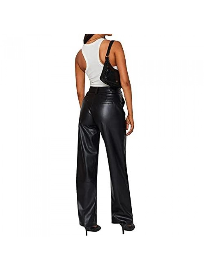 Faux Leather Leggings Pants High Waist Straight Wide Leg Pu Zipper Pleather Solid Pants With Pockets 