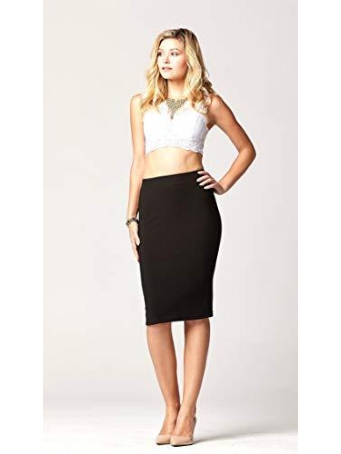 Women’s Pencil Skirt - Elastic Waist - Stretch Bodycon Midi Skirt - Many Colors 