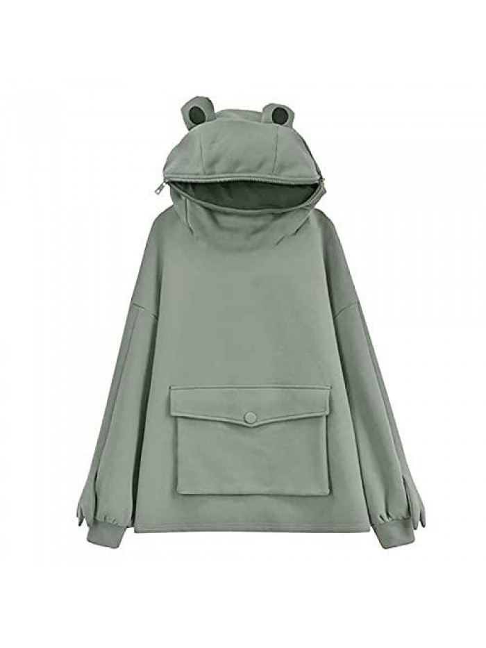 Novelty Frog Hoodie, Cute Long Sleeve Solid Color Hooded Sweatshirt with Flap Pocket 