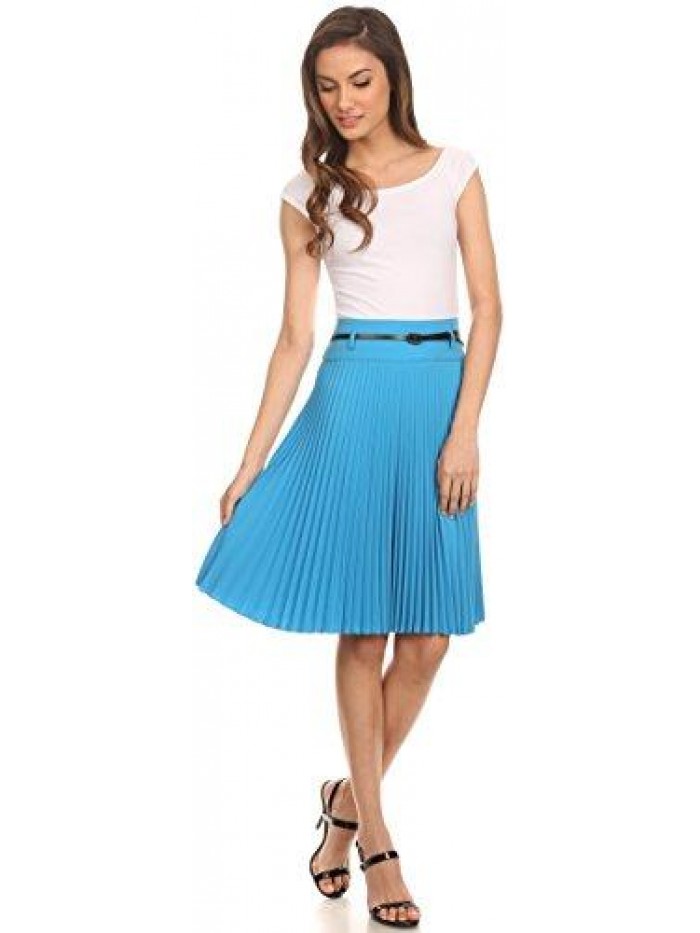 Knee Length Pleated A-Line Skirt with Skinny Belt 