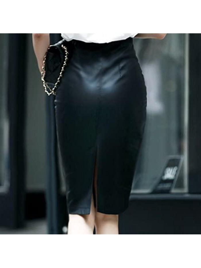 Faux Leather Skirt High Waisted Stretch Split Midi Hip Skirt 