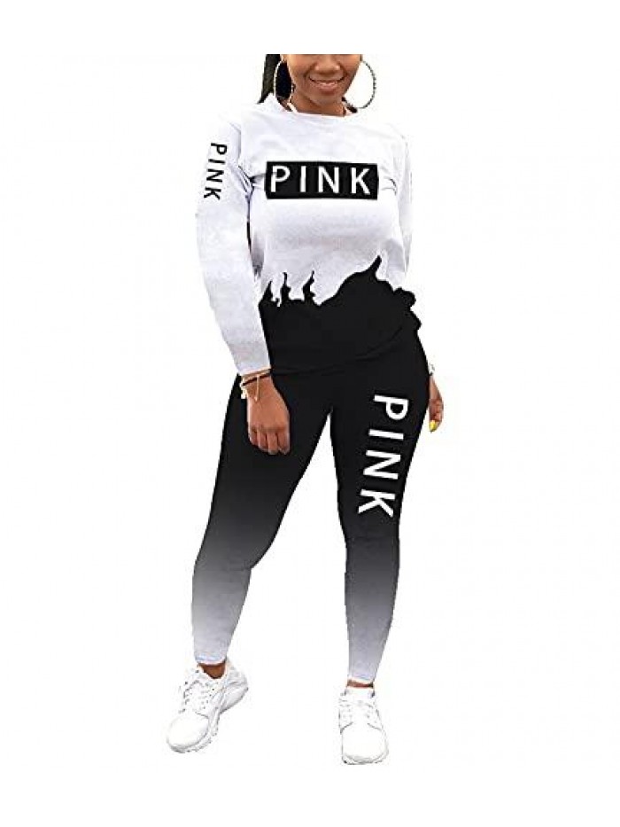 Women Letter Print 2 Piece Outfits Short Sleeve Tshirt Top and Long Gradient Pants Tracksuits Jogging Sets S-3XL 