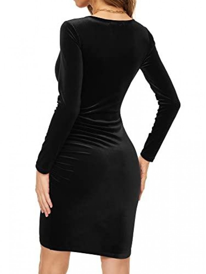 Womens Sexy Velvet Wrap Bodycon Dress Long Sleeve V Neck Ruched Cocktail Dress 