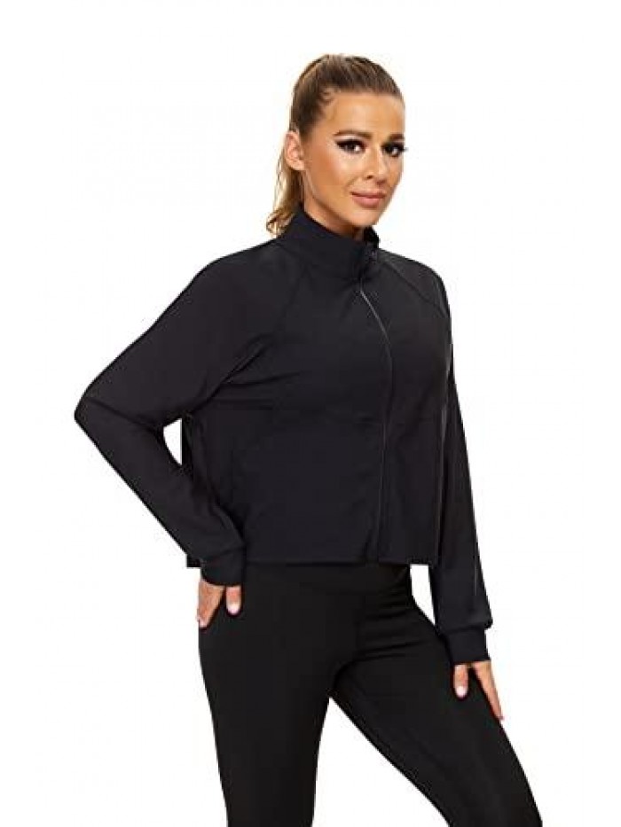 Athletic Zip Up Cropped Jackets Long Sleeve Workout Shirts with Pockets 